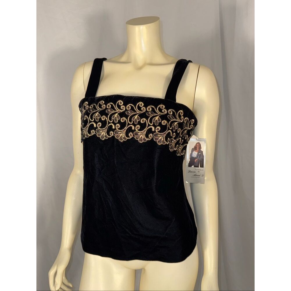 Vintage Lucie Ann II Black Velvet Gold Embroidered Tank Top NWT Size 34 Made in‎ - Picture 2 of 13